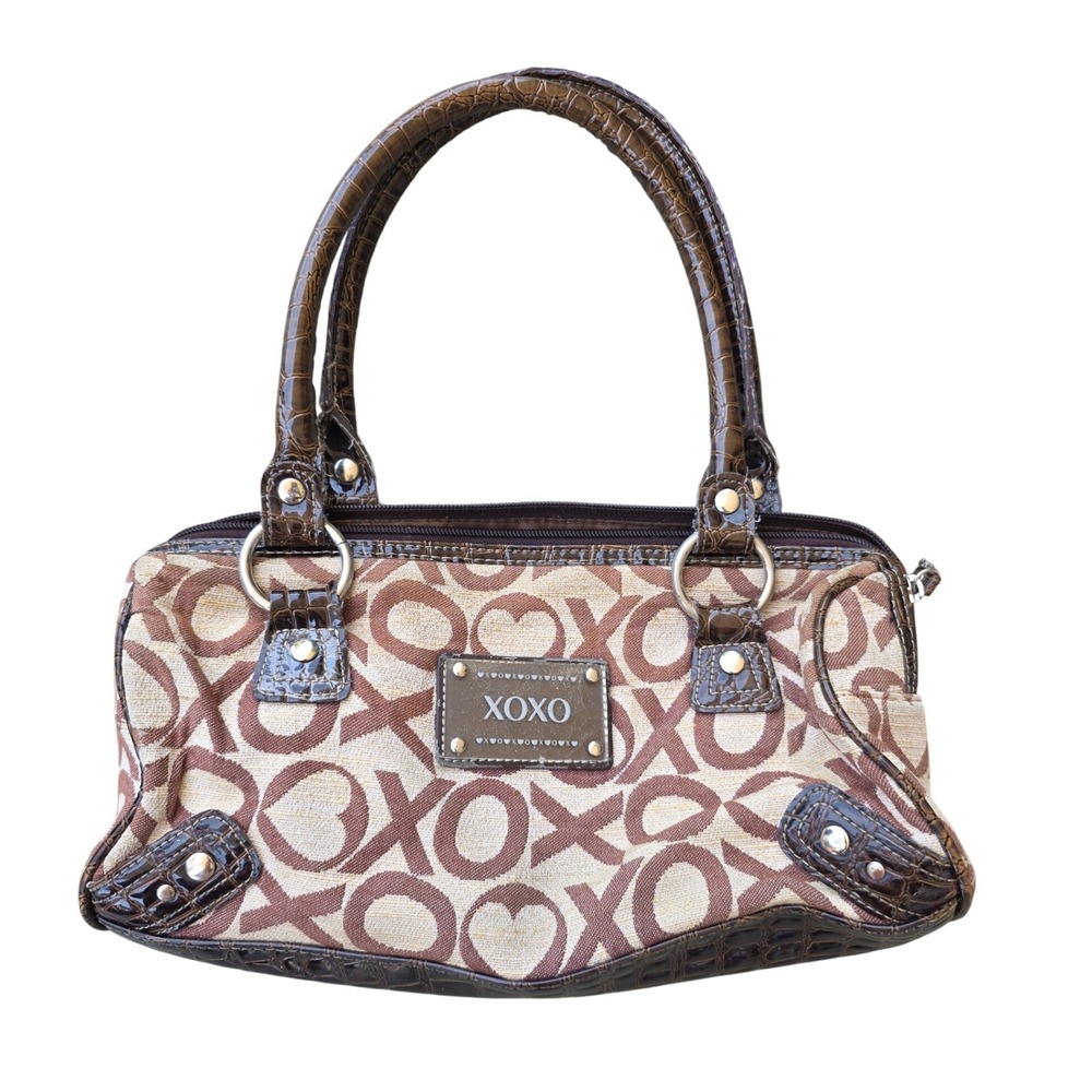 XOXO Monogram Satchel Handbag Brown Tan Canvas Faux Croc‎ Trim Y2K Style Bag D1